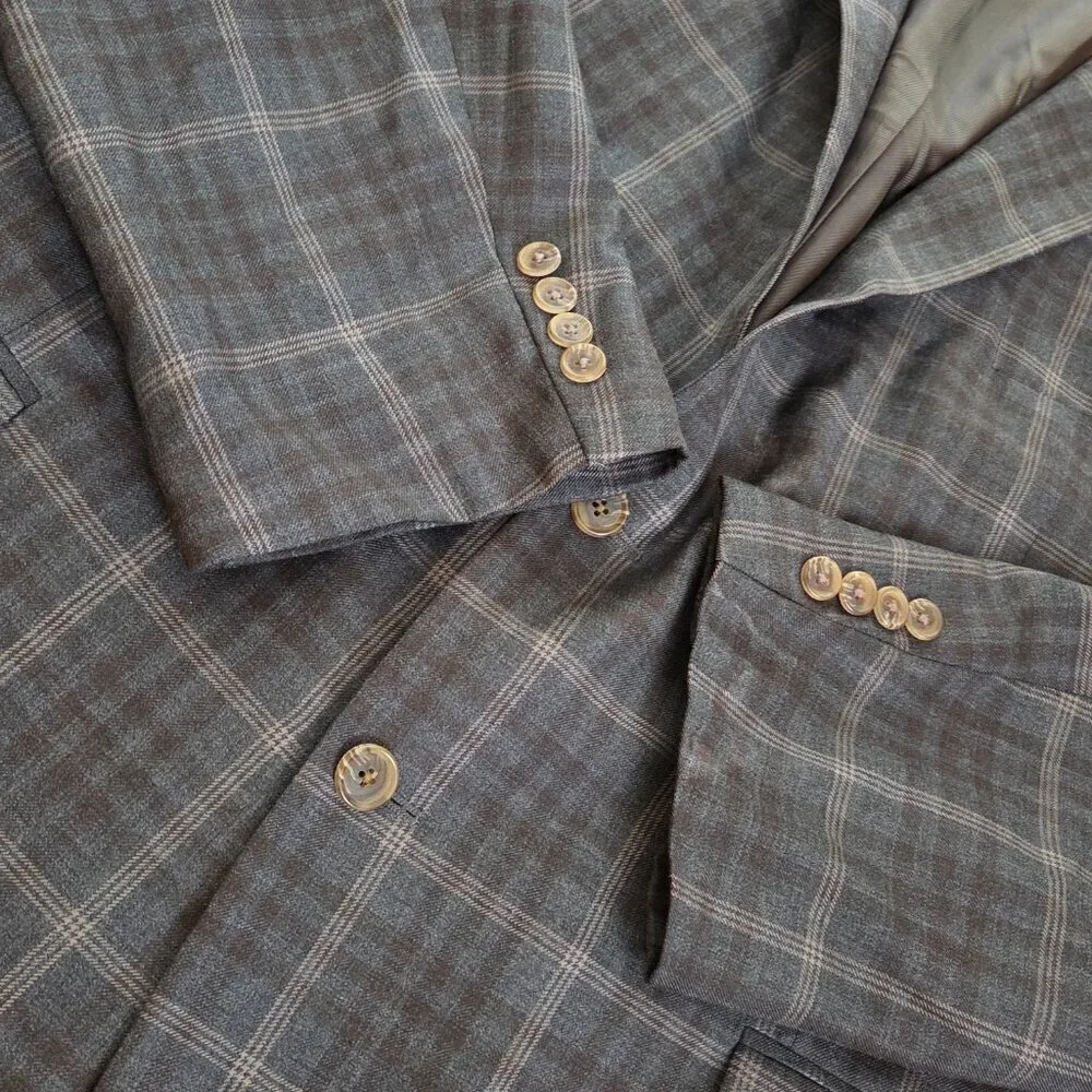 VTG Tweed Jacket XL Brown Beige Windowpane Check 100% Wool Blazer Sport Coat 50R